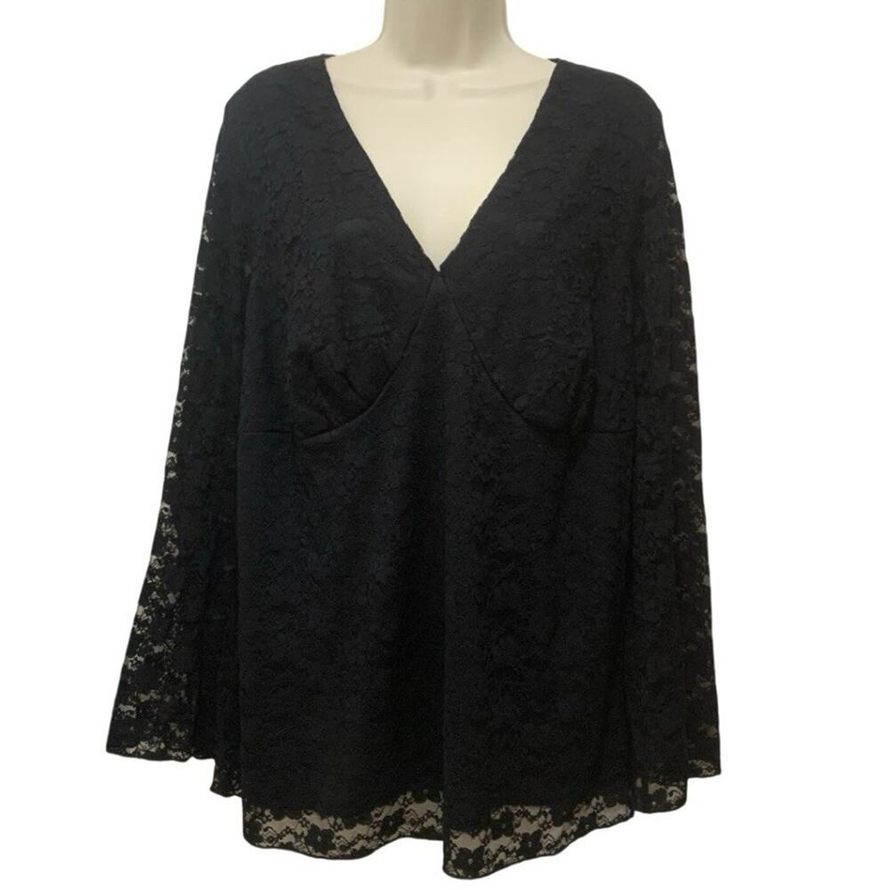 Vintage 90s Black Lace Blouse Long Bell Sleeve Goth Whimsigoth Top Size 2X Y2K